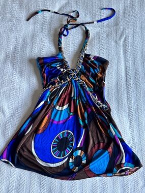 Sky Blue Multicolor Halter Chain Top Medium